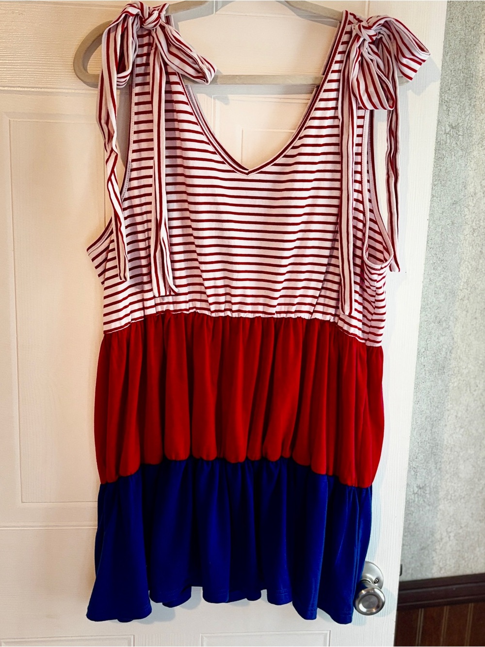 Chicsoul 2XL Patriotic Red White Blue Bow Shoulder Babydoll Tank Top